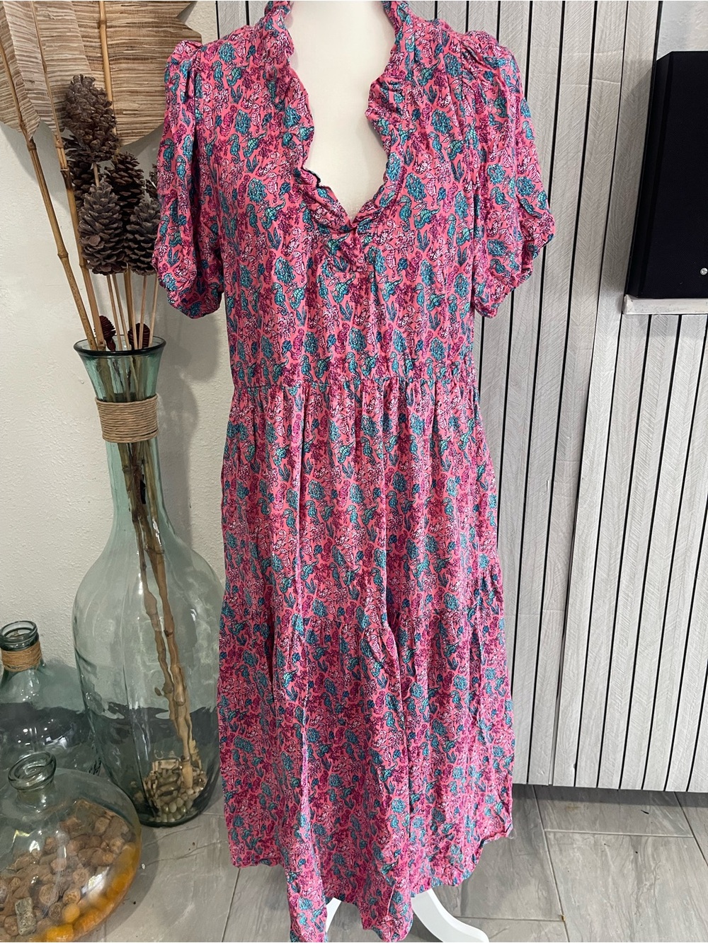 Simply Southern Pink Floral Ruffle Midi Dress with Teal Accents
